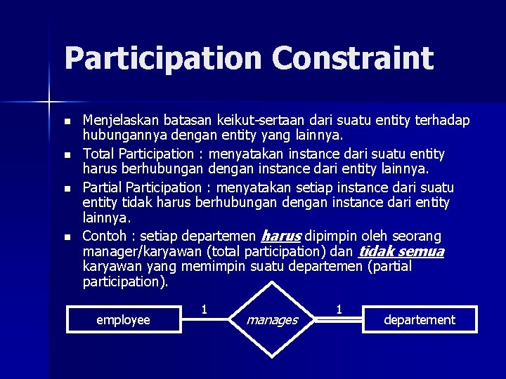 Participation Constraint n n Menjelaskan batasan keikut-sertaan dari suatu entity terhadap hubungannya dengan entity