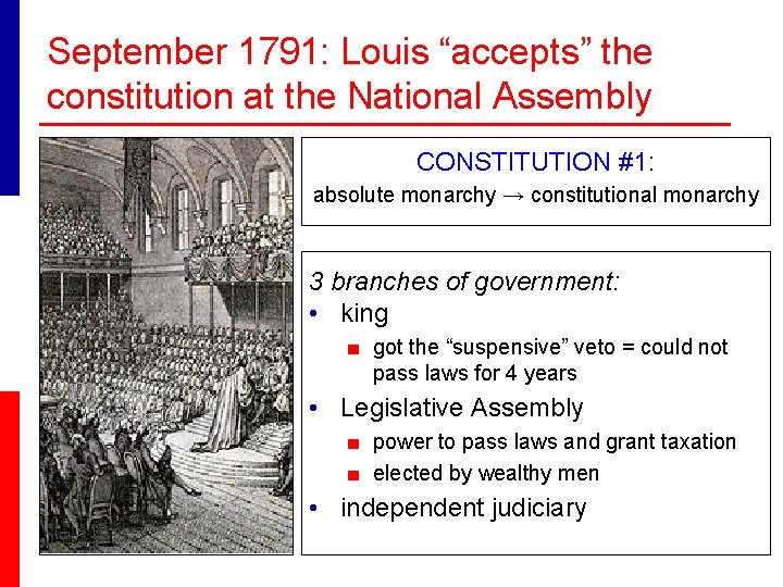September 1791: Louis “accepts” the constitution at the National Assembly CONSTITUTION #1: absolute monarchy