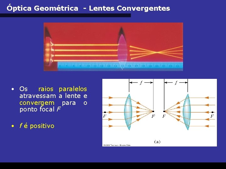Óptica Geométrica - Lentes Convergentes • Os raios paralelos atravessam a lente e convergem