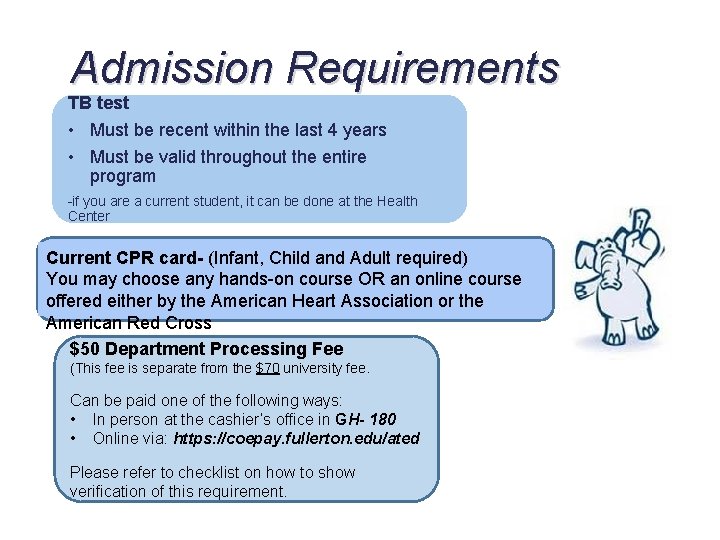 Admission Requirements TB test • Must be recent within the last 4 years •