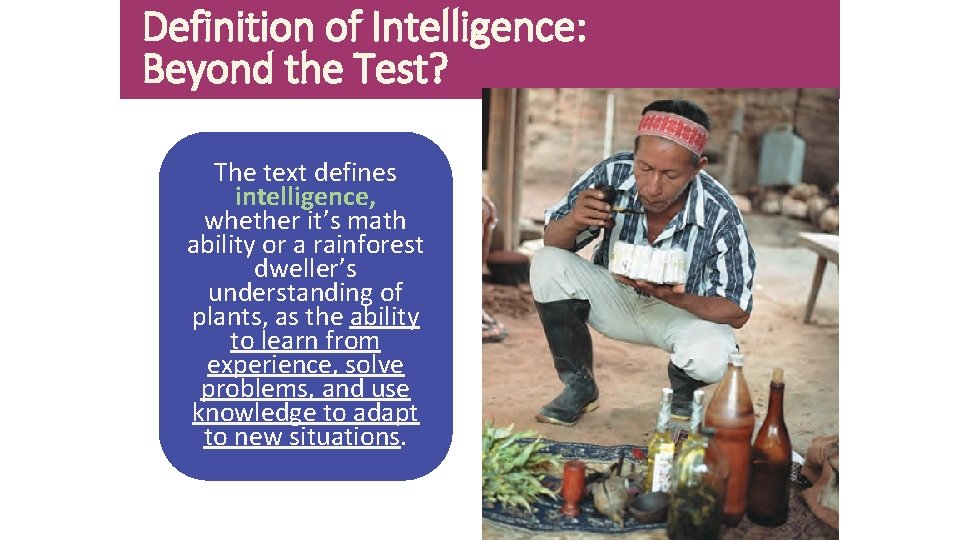 Definition of Intelligence: Beyond the Test? The text defines intelligence, whether it’s math ability