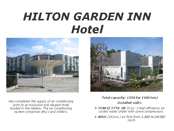 HILTON GARDEN INN Hotel Total capacity: 1550 kw (440 ton) Has completed the supply
