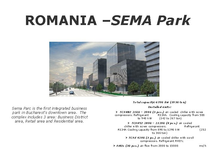 ROMANIA –SEMA Park Total capacity: 6790 kw (1930 ton) Sema Parc is the first