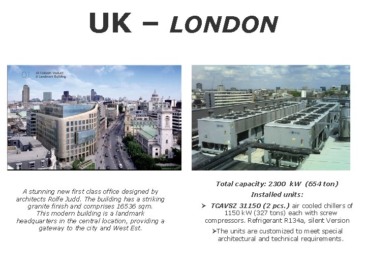 UK – LONDON Total capacity: 2300 k. W (654 ton) A stunning new first