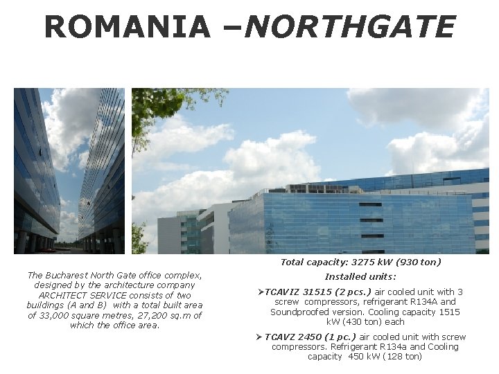 ROMANIA –NORTHGATE Total capacity: 3275 k. W (930 ton) The Bucharest North Gate office