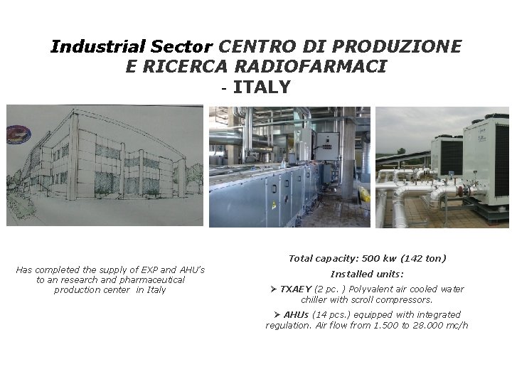Industrial Sector CENTRO DI PRODUZIONE E RICERCA RADIOFARMACI - ITALY Total capacity: 500 kw