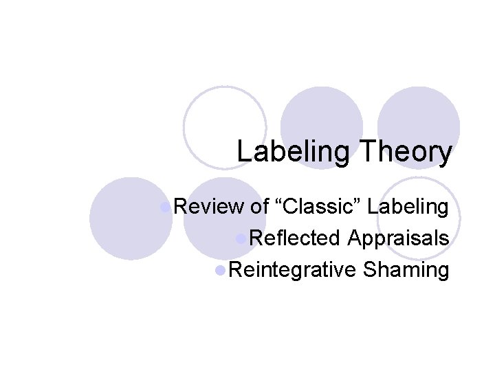 Labeling Theory l. Review of “Classic” Labeling l. Reflected Appraisals l. Reintegrative Shaming 