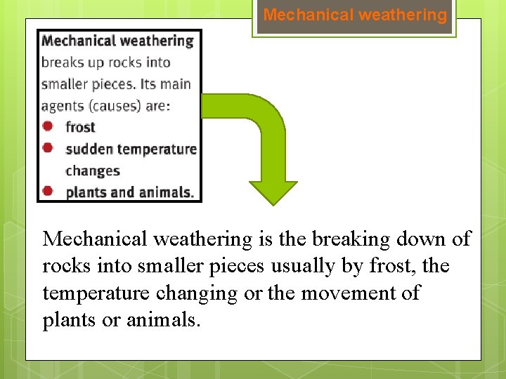 Mechanical weathering is the breaking down of rocks into smaller pieces usually by frost,