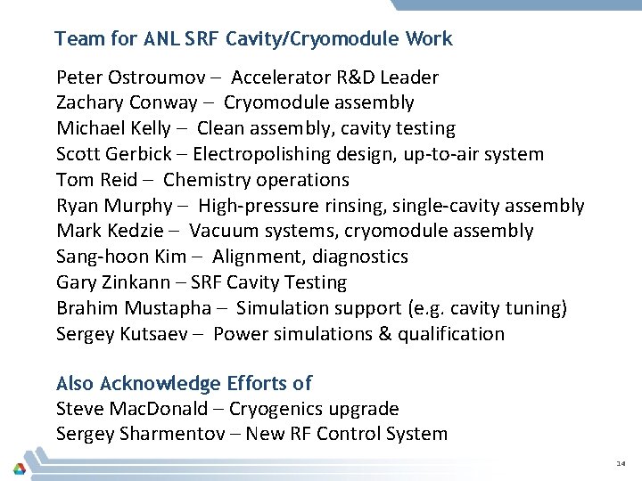 Team for ANL SRF Cavity/Cryomodule Work Peter Ostroumov – Accelerator R&D Leader Zachary Conway