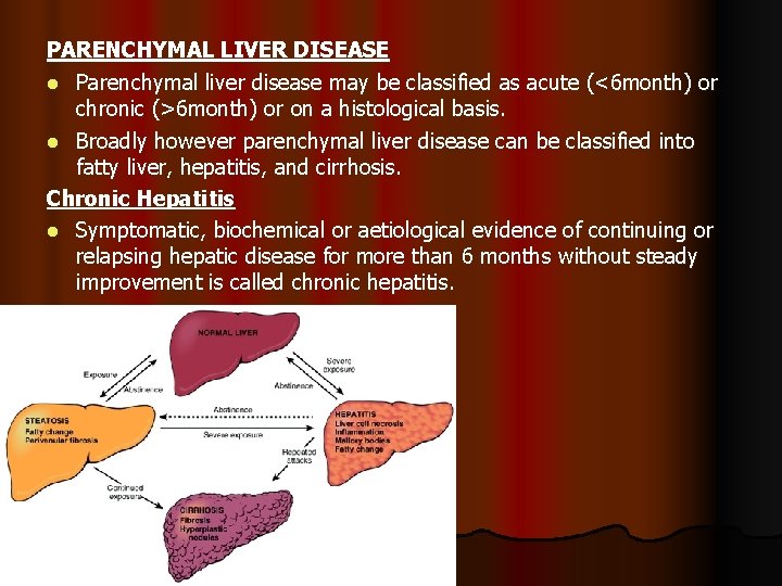 PARENCHYMAL LIVER DISEASE l Parenchymal liver disease may be classified as acute (<6 month)