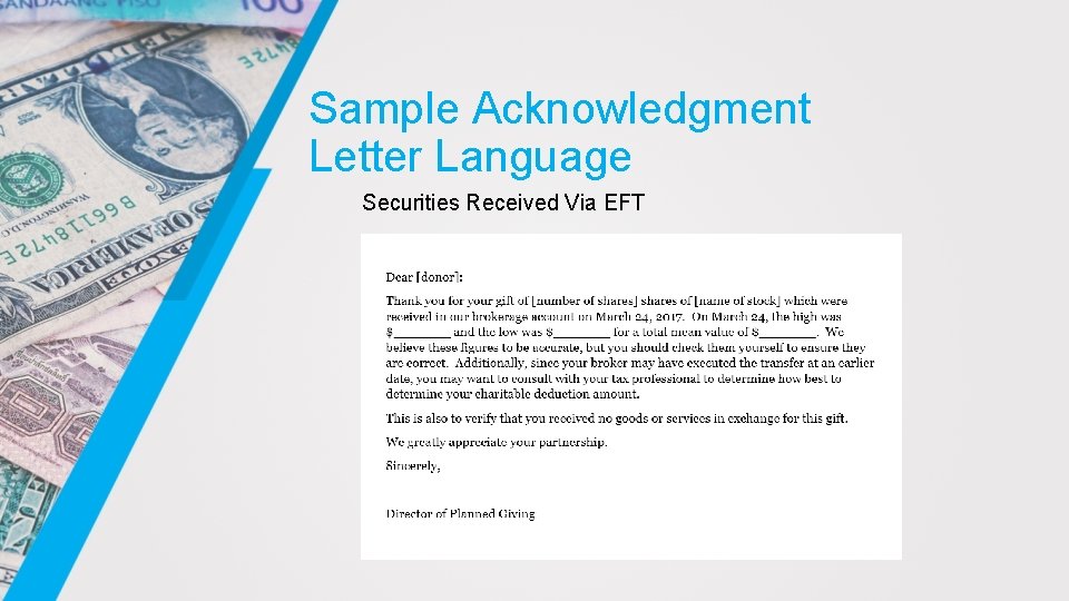 Sample Acknowledgment Letter Language Securities Received Via EFT 