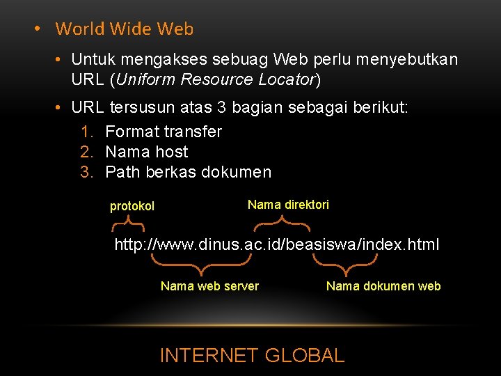  • World Wide Web • Untuk mengakses sebuag Web perlu menyebutkan URL (Uniform