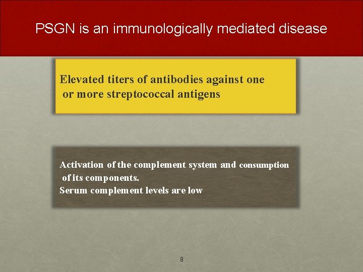 PSGN is an immunologically mediated disease Elevated titers of antibodies against one or more