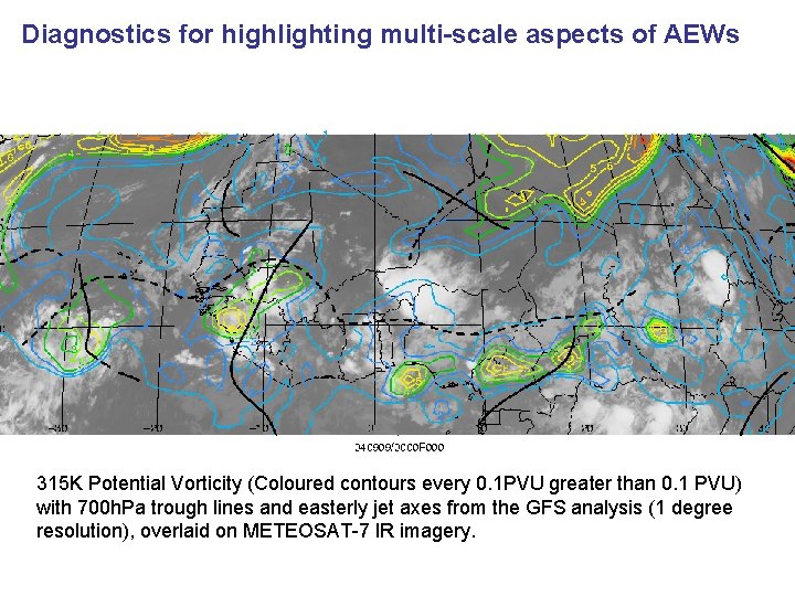 Diagnostics for highlighting multi-scale aspects of AEWs 315 K Potential Vorticity (Coloured contours every