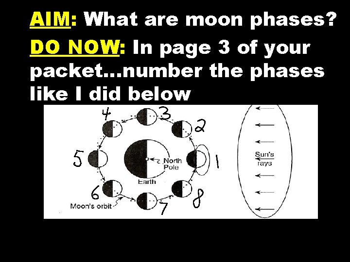 AIM: What are moon phases? DO NOW: In page 3 of your packet…number the