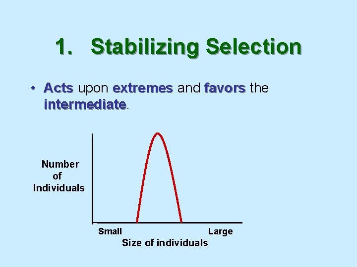 1. Stabilizing Selection • Acts upon extremes and favors the intermediate Number of Individuals
