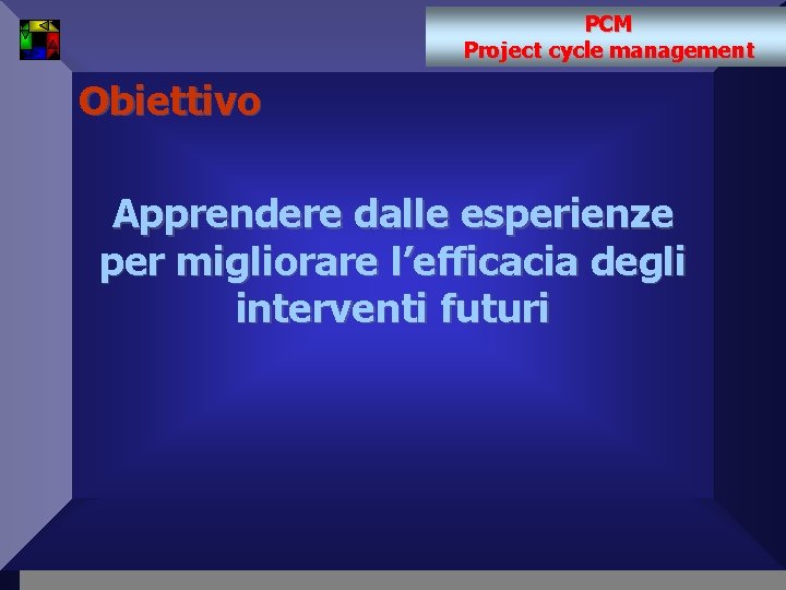 PCM Project cycle management Obiettivo Apprendere dalle esperienze per migliorare l’efficacia degli interventi futuri