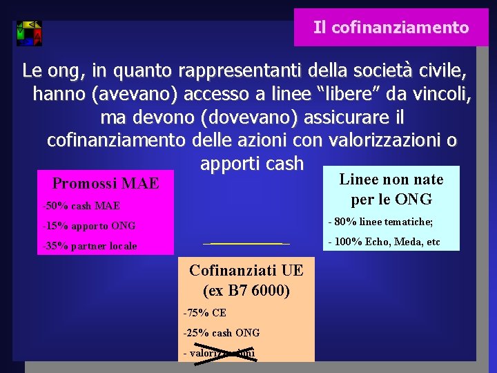 Il cofinanziamento Le ong, in quanto rappresentanti della società civile, hanno (avevano) accesso a