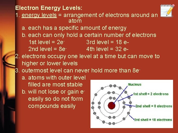 Electron Energy Levels: 1. energy levels = arrangement of electrons around an atom a.