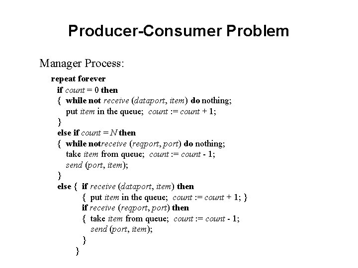 Producer-Consumer Problem Manager Process: repeat forever if count = 0 then { while not