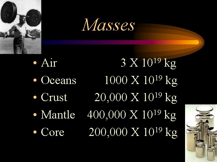 Masses • • • Air 3 X 1019 kg Oceans 1000 X 1019 kg