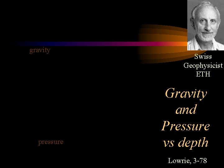 gravity pressure Swiss Geophysicist ETH Gravity and Pressure vs depth Lowrie, 3 -78 