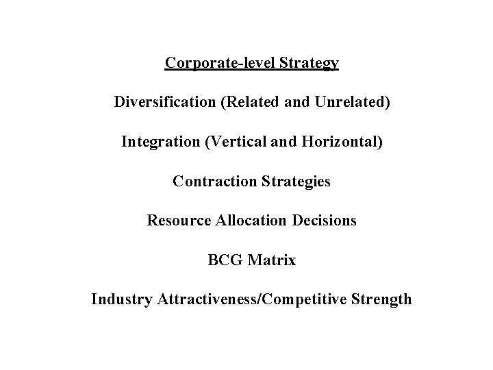 Corporate-level Strategy Diversification (Related and Unrelated) Integration (Vertical and Horizontal) Contraction Strategies Resource Allocation