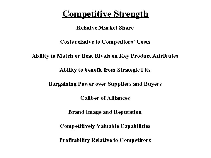 Competitive Strength Relative Market Share Costs relative to Competitors’ Costs Ability to Match or