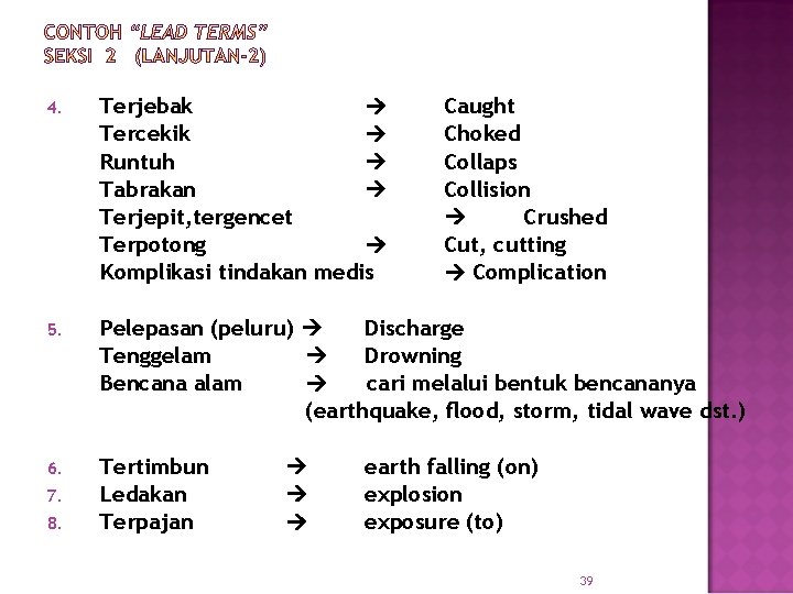 4. Terjebak Tercekik Runtuh Tabrakan Terjepit, tergencet Terpotong Komplikasi tindakan medis 5. Pelepasan (peluru)