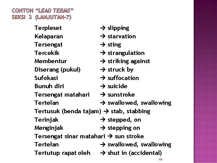 Terpleset slipping Kelaparan starvation Tersengat sting Tercekik strangulation Membentur striking against Diserang (pukul) struck