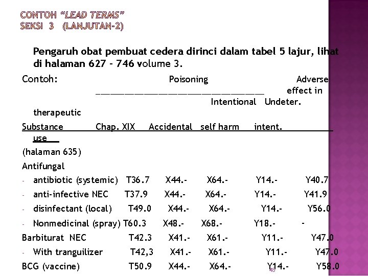 Pengaruh obat pembuat cedera dirinci dalam tabel 5 lajur, lihat di halaman 627 –