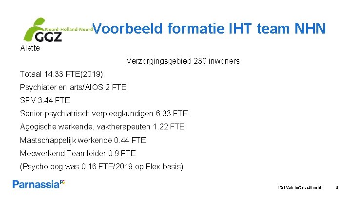 Voorbeeld formatie IHT team NHN Alette Verzorgingsgebied 230 inwoners Totaal 14. 33 FTE(2019) Psychiater