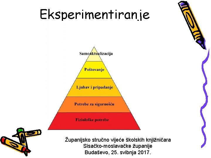 Eksperimentiranje Županijsko stručno vijeće školskih knjižničara Sisačko-moslavačke županije Budaševo, 25. svibnja 2017. 