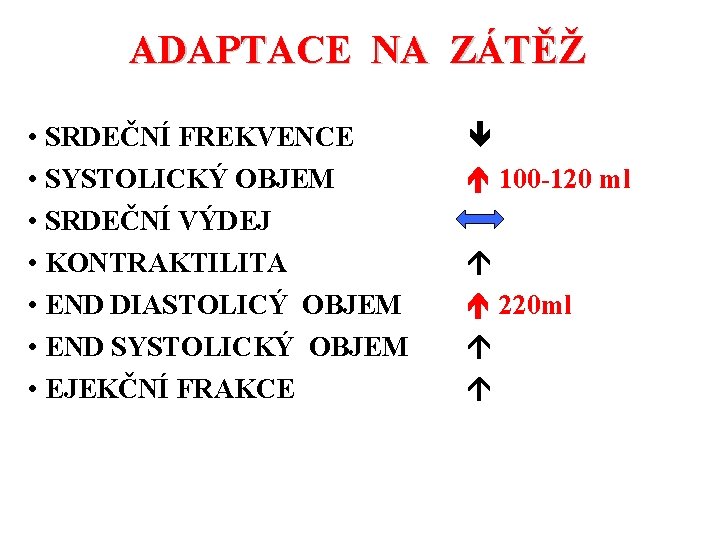 ADAPTACE NA ZÁTĚŽ • SRDEČNÍ FREKVENCE • SYSTOLICKÝ OBJEM • SRDEČNÍ VÝDEJ • KONTRAKTILITA