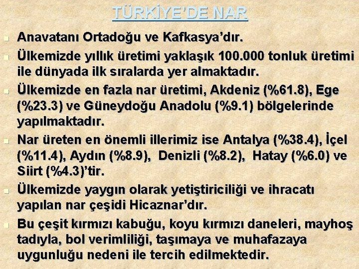 TÜRKİYE’DE NAR n n n Anavatanı Ortadoğu ve Kafkasya’dır. Ülkemizde yıllık üretimi yaklaşık 100.