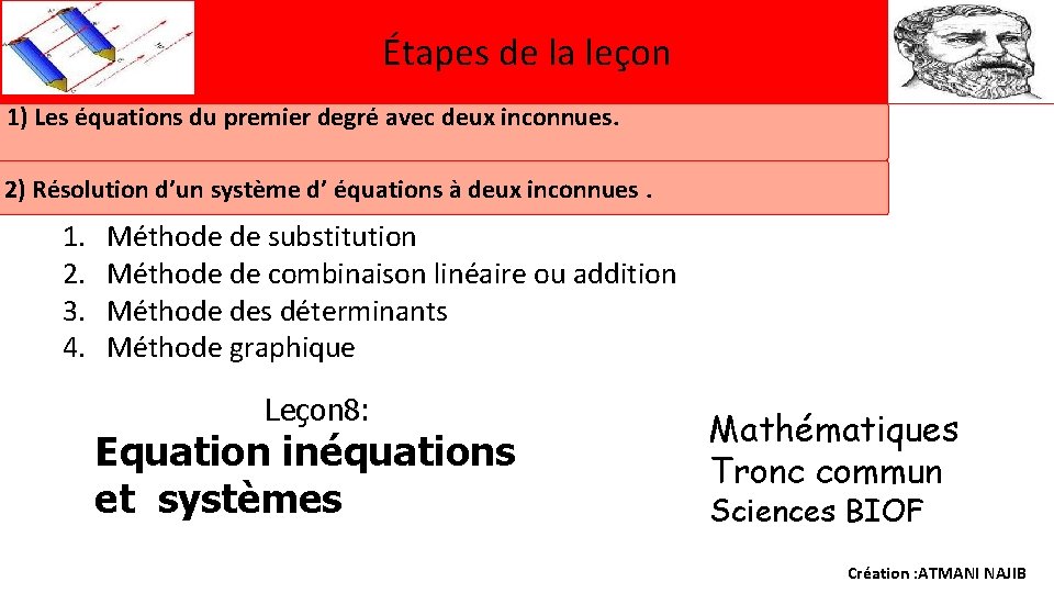 Étapes de la leçon 1) Les équations du premier degré avec deux inconnues. 2)