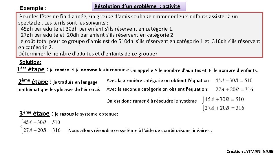 Résolution d’un problème : activité Exemple : Pour les fêtes de fin d'année, un