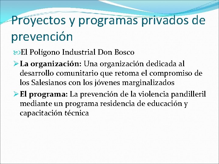 Proyectos y programas privados de prevención El Polígono Industrial Don Bosco Ø La organización: