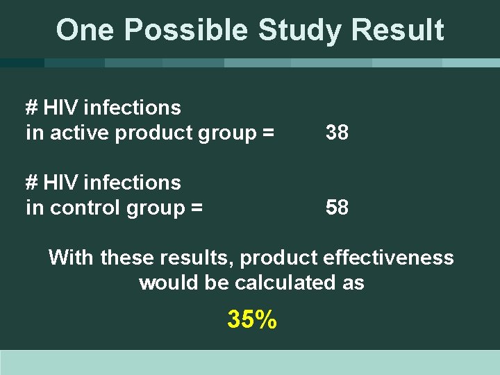 One Possible Study Result # HIV infections in active product group = 38 #