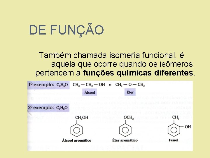 DE FUNÇÃO Também chamada isomeria funcional, é aquela que ocorre quando os isômeros pertencem