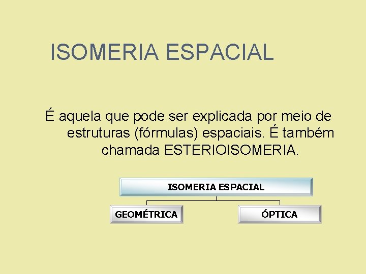 ISOMERIA ESPACIAL É aquela que pode ser explicada por meio de estruturas (fórmulas) espaciais.