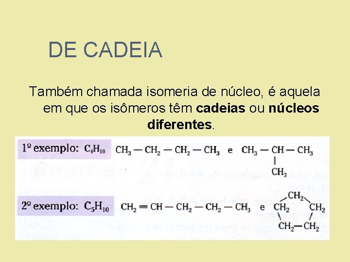 DE CADEIA Também chamada isomeria de núcleo, é aquela em que os isômeros têm