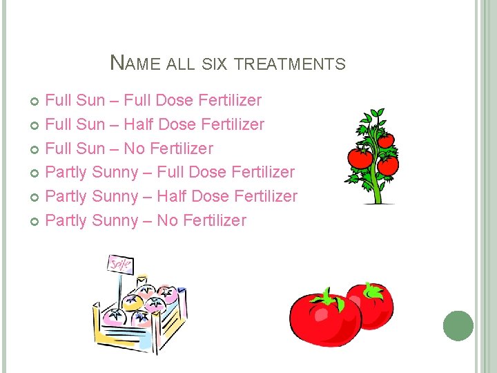 NAME ALL SIX TREATMENTS Full Sun – Full Dose Fertilizer Full Sun – Half