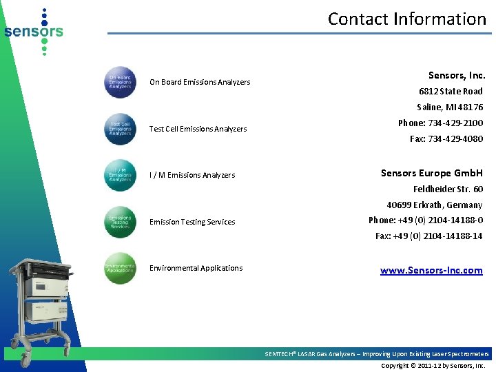 Contact Information On Board Emissions Analyzers Sensors, Inc. 6812 State Road Saline, MI 48176