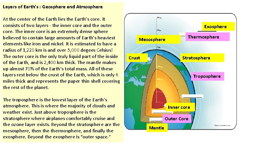 Layers of Earth’s : Geosphere and Atmosphere At the center of the Earth lies