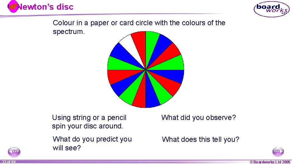 Newton’s disc Colour in a paper or card circle with the colours of the