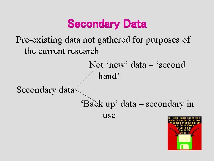 Secondary Data Pre-existing data not gathered for purposes of the current research Not ‘new’