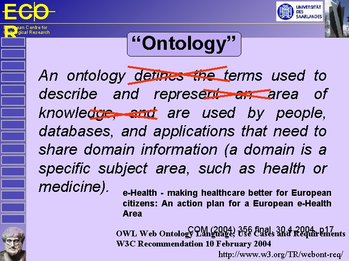 ECO R European Centre for Ontological Research “Ontology” An ontology defines the terms used