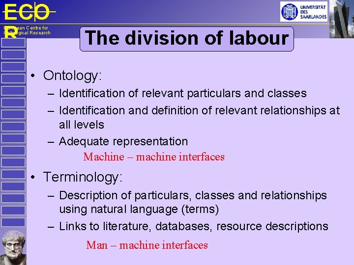 ECO R European Centre for Ontological Research The division of labour • Ontology: –