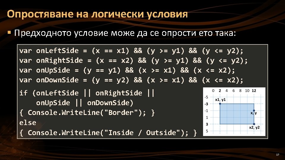 Опростяване на логически условия § Предходното условие може да се опрости ето така: var